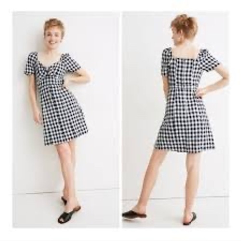 Madewell Gingham‎ Tie-Front Swing Dress Women 4 Navy White GUC Mini Puff picnic